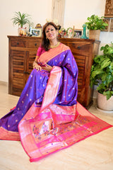 Soft Silk Paithani Saree Purplish Blue with Magenta
