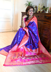 Soft Silk Paithani Saree Purplish Blue with Magenta