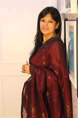 Organic Linen Coffee maroon Nimzari  Jamdani saree
