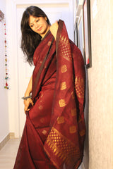 Organic Linen Coffee maroon Nimzari  Jamdani saree