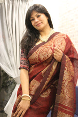 Coffee Maroon Linen Alfi Jamdani Saree