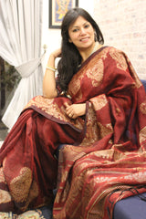 Coffee Maroon Linen Alfi Jamdani Saree