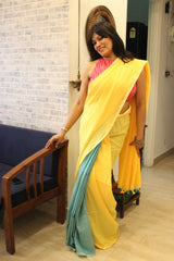 Pure Cotton Plain Half Half Yellow sea green saree