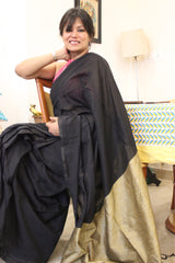 Pure Cotton Plain Half Half Saree Black