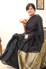Pure Cotton Plain Half Half Saree Black