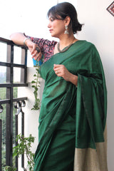Pure Cotton Plain Half Half Saree Green