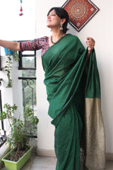 Pure Cotton Plain Half Half Saree Green