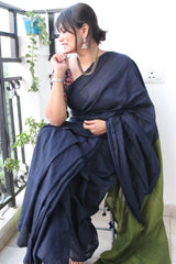 Pure Cotton Plain Half Half Saree Navy Blue