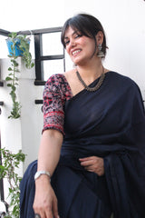 Pure Cotton Plain Half Half Saree Navy Blue