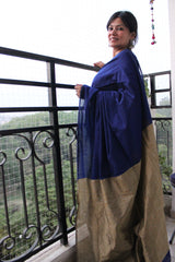Pure Cotton Plain Half Half Saree Ink Blue