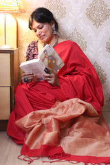 Pure Cotton Plain Half Half Saree Tomato Red