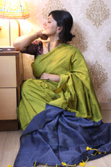 Pure Cotton Plain Half Half Greenish yellow Saree