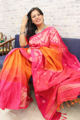 Pure Linen Khorod ikkat Orange Magenta