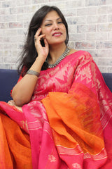 Pure Linen Khorod ikkat Orange Magenta