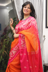 Pure Linen Khorod ikkat Orange Magenta