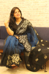 Navy Blue and Black Pure Linen Khorod Ikkat Jamdani
