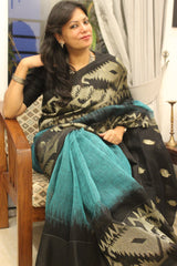 Rama Green Black Pure Linen Khorod Jamdani