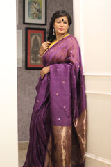 Handwoven Pure Silk Linen Purple Polka Dot Jamdani Saree