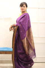 Handwoven Pure Silk Linen Purple Polka Dot Jamdani Saree