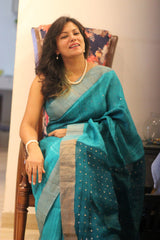 Pure Matka Silk Jamdani Sequins Turquoise blue Saree
