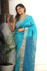 Pure Matka Silk Jamdani Sequins Turquoise blue Saree