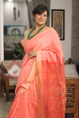 Pure Matka Silk Jamdani Sequins Peach Saree