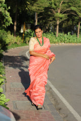 Pure Silk Linen Polka Dot Jamdani Peach Saree