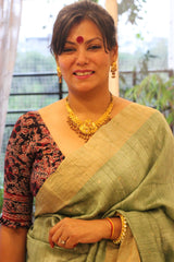 Pure Matka Silk Jamdani Sequins Pista Green Saree