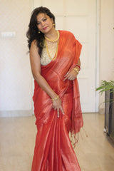 Tissue Mulmul Red Saree