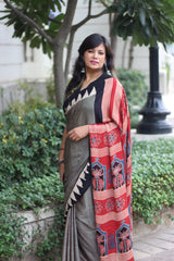 Ajrakh Modal Silk Stripe Saree in Black