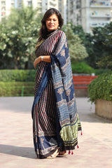Ajrakh Modal Silk blue stripe saree