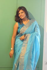 Handwoven Pure Linen Jamdani Pallu saree Sky Blue
