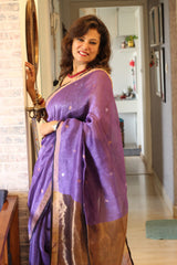 Handwoven Pure Linen Silk Wine colored Jamdani Saree