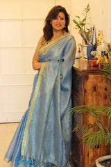 Pure Linen Blue Colored Tissue Saree