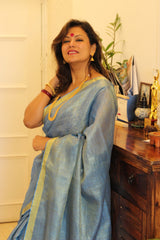 Pure Linen Blue Colored Tissue Saree