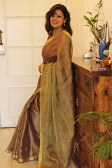Pure Linen Coffee Colored Tissue Saree