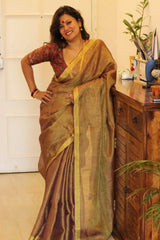 Pure Linen Coffee Colored Tissue Saree