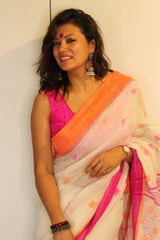 Handwoven Pure Linen White Jamdani Ganga Jamuna Saree