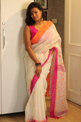Handwoven Pure Linen White Jamdani Ganga Jamuna Saree