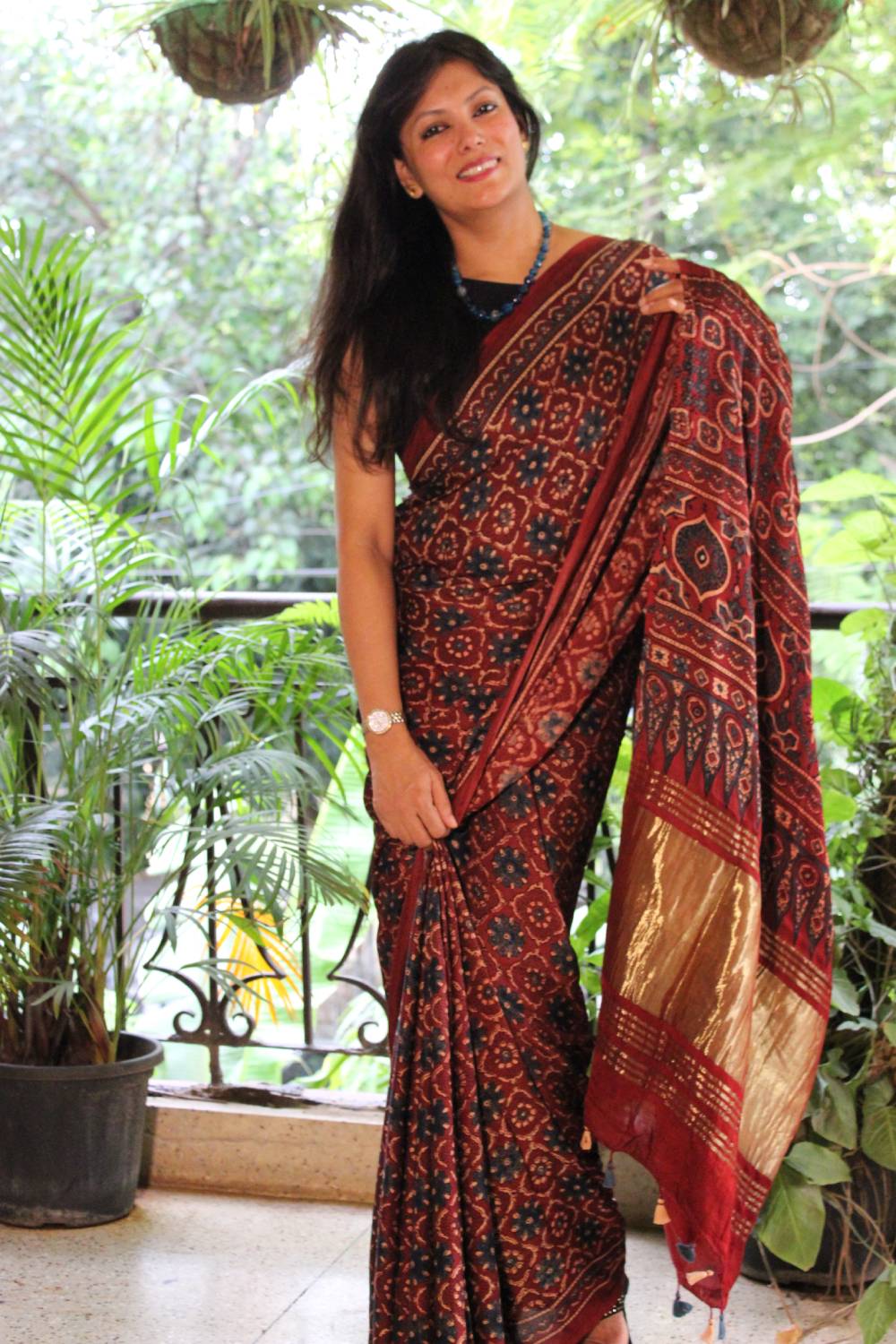 Ajrakh Maroon Modal Silk Saree with tissue pallu