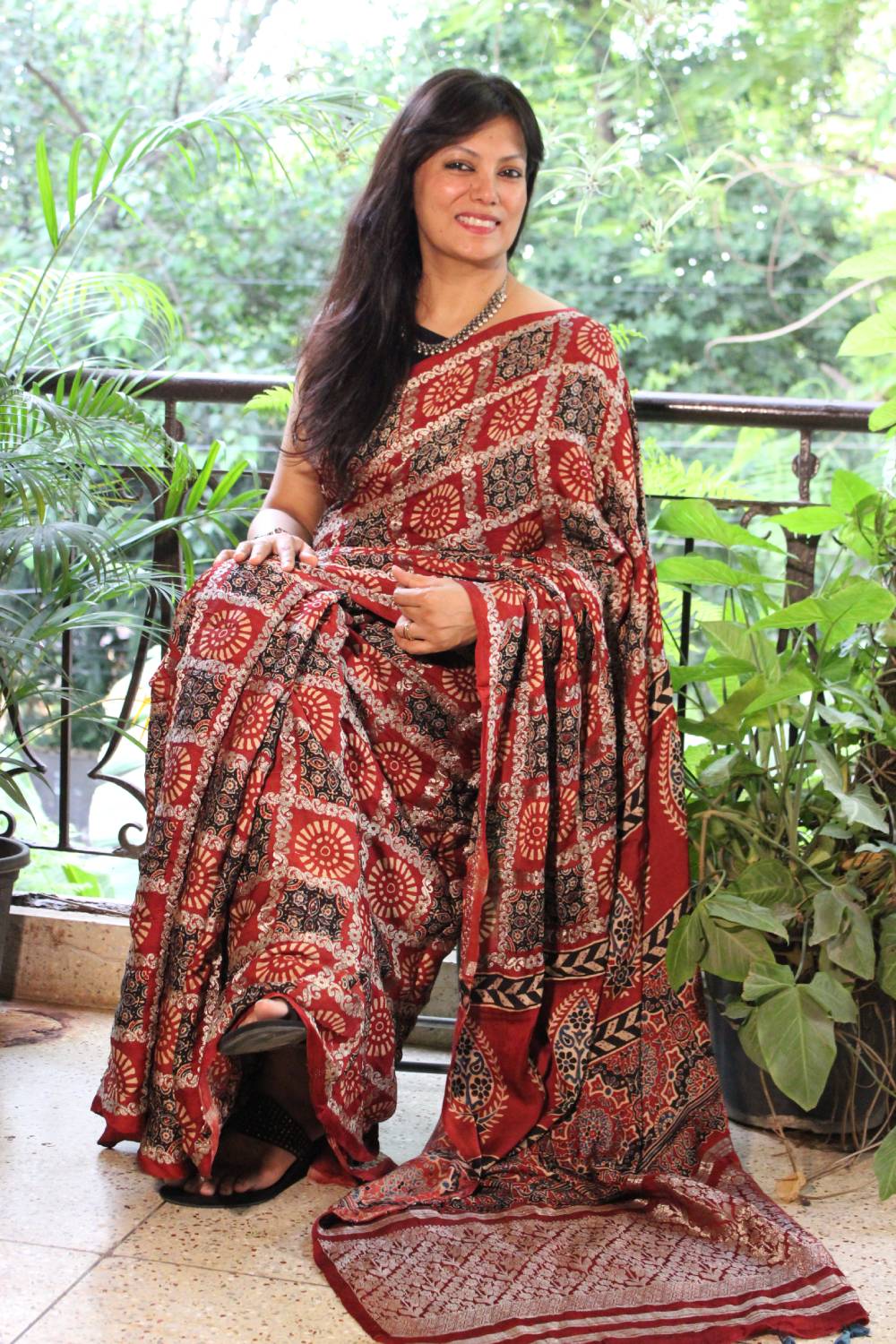Modal silk saree black with allover ajrakh prints and printed border –  Prashanti Sarees