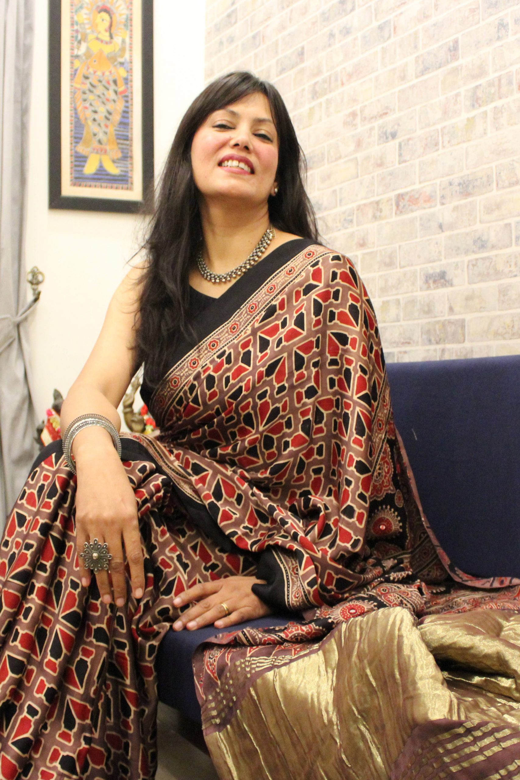 Zynah Pure Modal Silk Ajrakh Saree With Tissue Zari Pallu Handblock Prints;  Custom Stitched/Ready-made Blouse, Fall, Petticoat; Shipping Available, Ajrakh Sarees Price